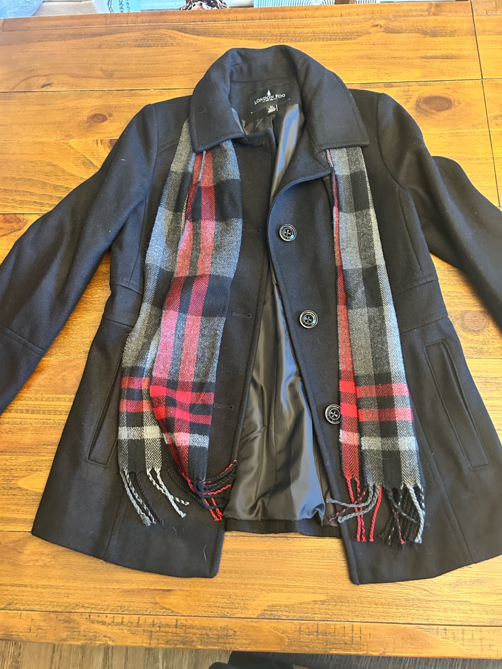 London Fog Women’s Black Wool Blend Peacoat with Removable Plaid Scarf